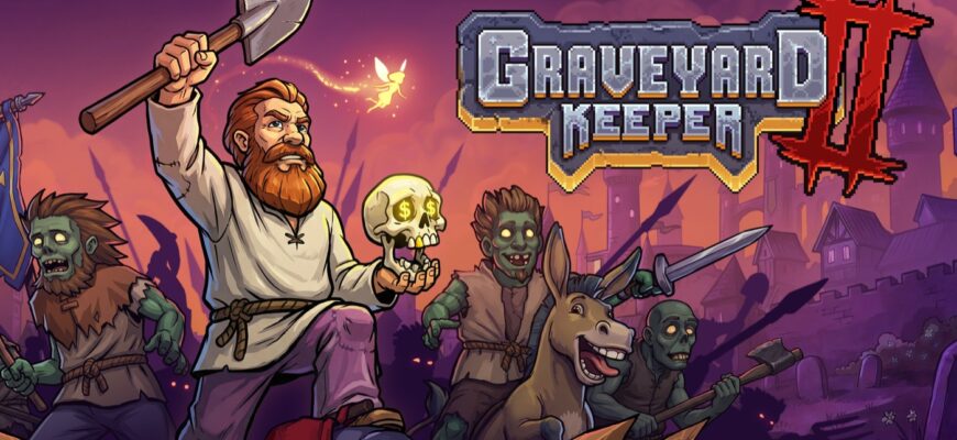 Обложка Graveyard Keeper 2: смотритель кладбища, череп и зомби