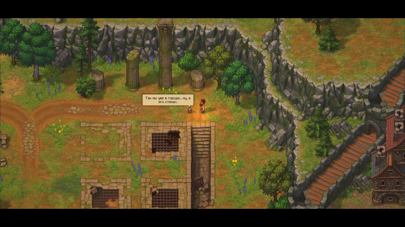 Герой и говорящий череп у городской стены в Graveyard Keeper 2