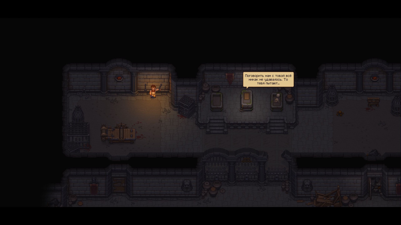 Герой Graveyard Keeper 2 разговаривает с черепом Ларри в подземелье