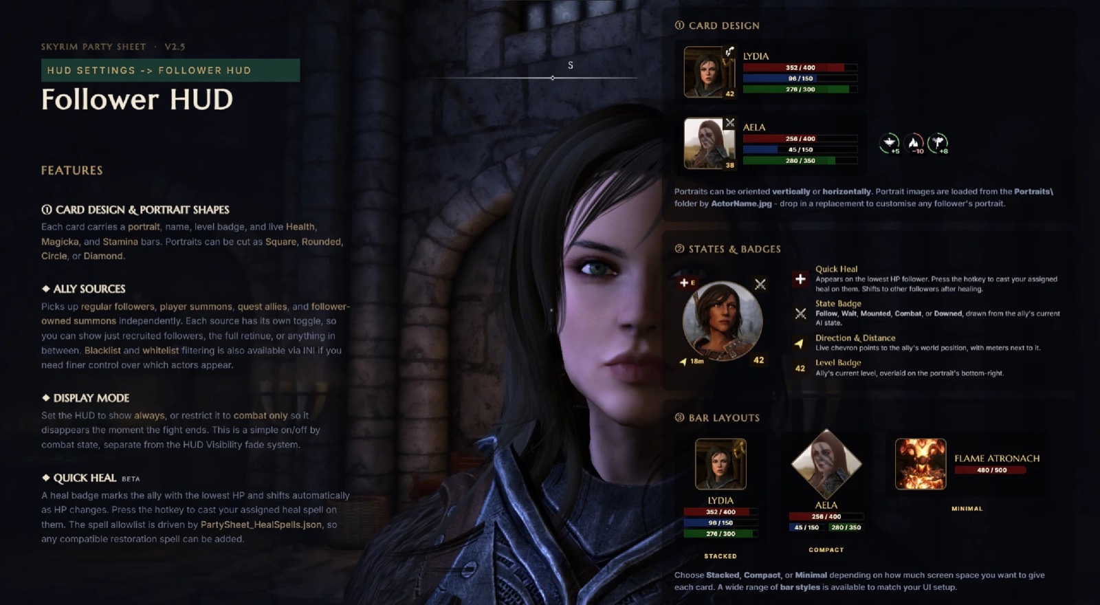 Панель параметров спутников мода Party Sheet в Skyrim