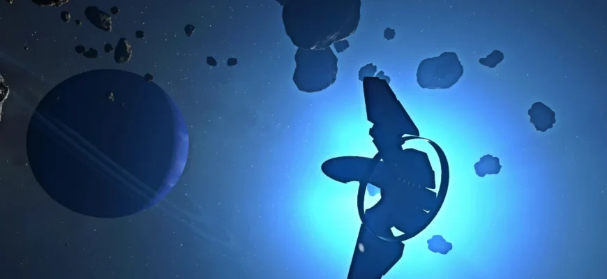 Космический корабль среди астероидов в Starfield