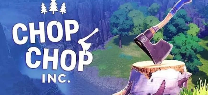 Обложка Chop Chop Inc.: топор в пне на фоне леса