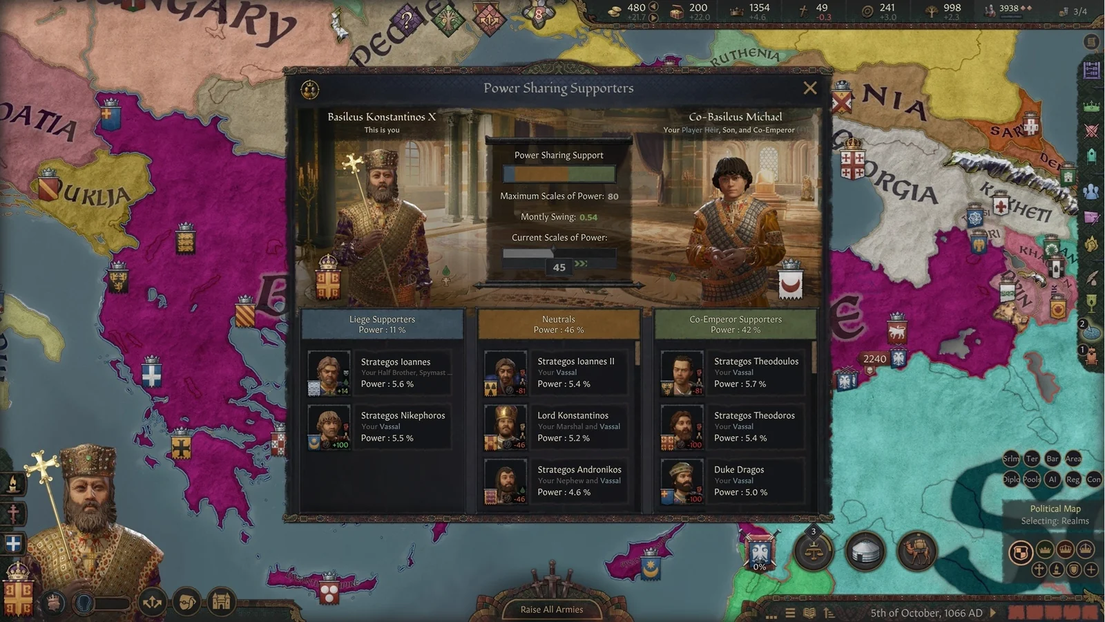 Сторонники правителя и регента в интерфейсе Regency Rework для Crusader Kings 3