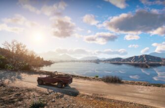 Красный пикап у озера на закате в GTA 5 с NaturalVision