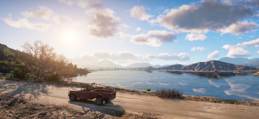 Красный пикап у озера на закате в GTA 5 с NaturalVision