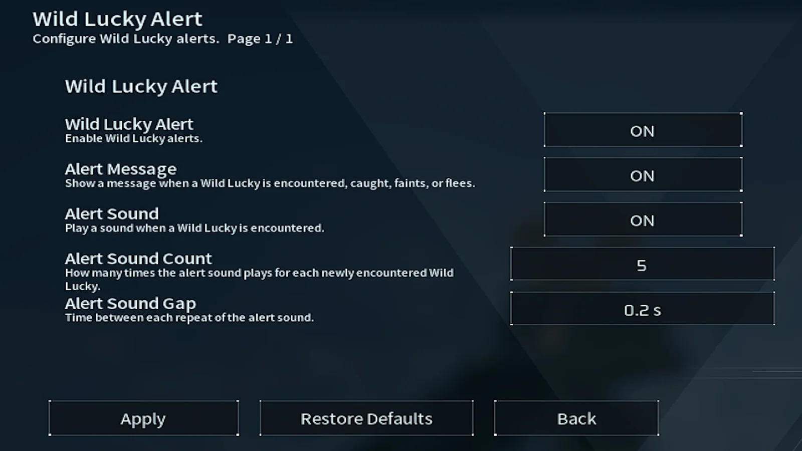 Параметры звуковых и текстовых уведомлений Wild Lucky Alert в Palworld