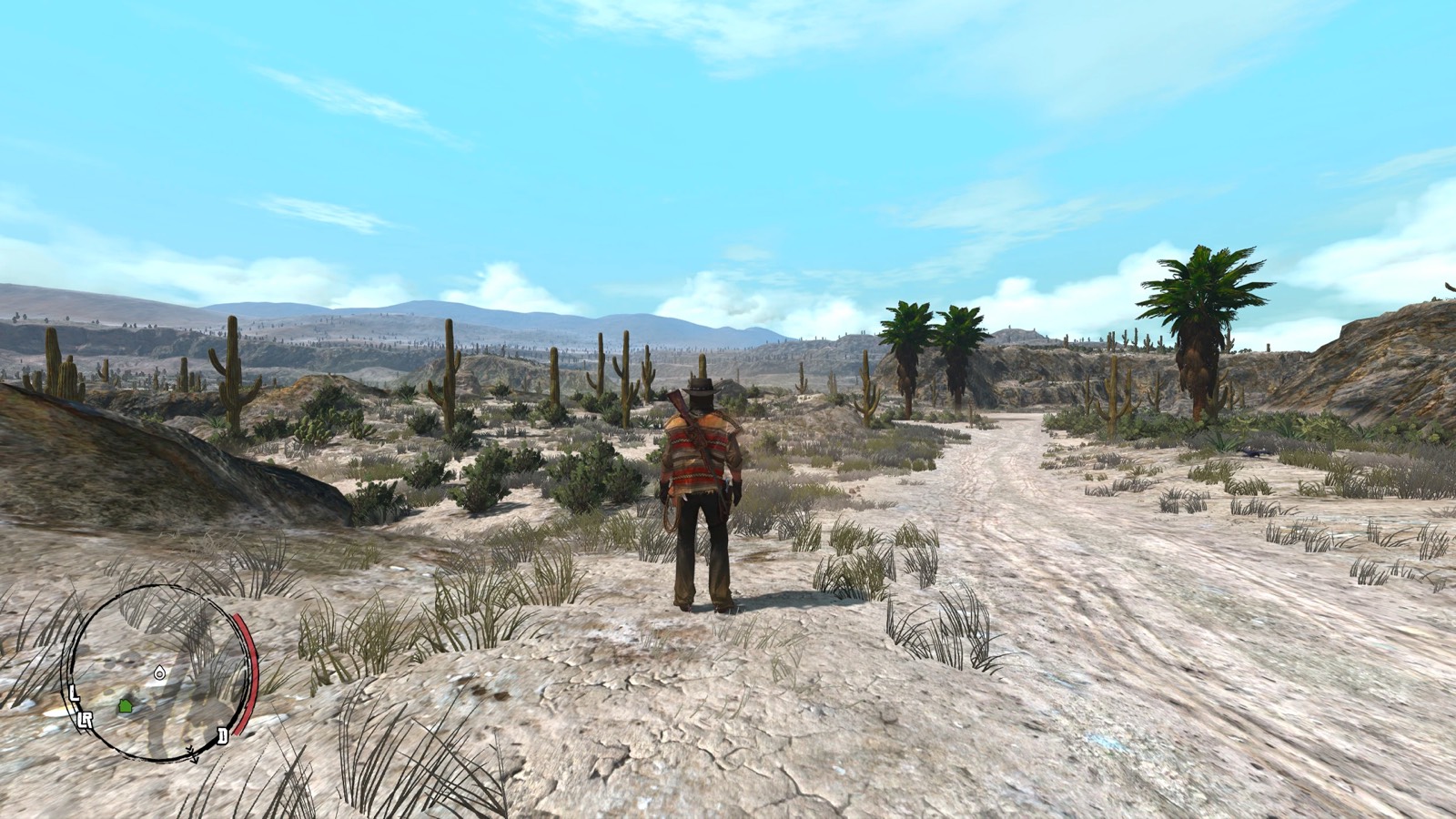 Джон Марстон в пончо на пустынной дороге в Red Dead Redemption