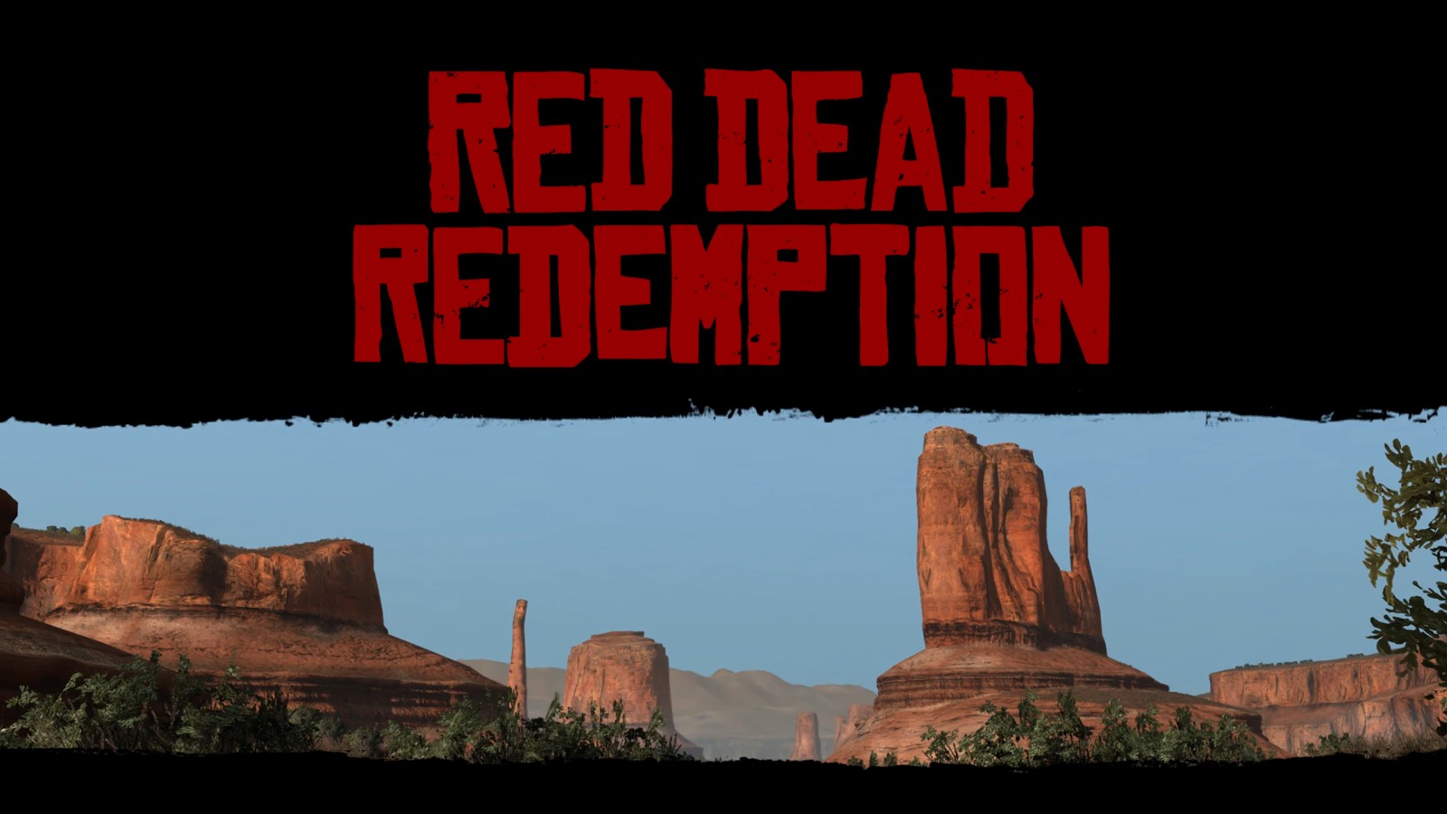 Логотип Red Dead Redemption над пустынным пейзажем