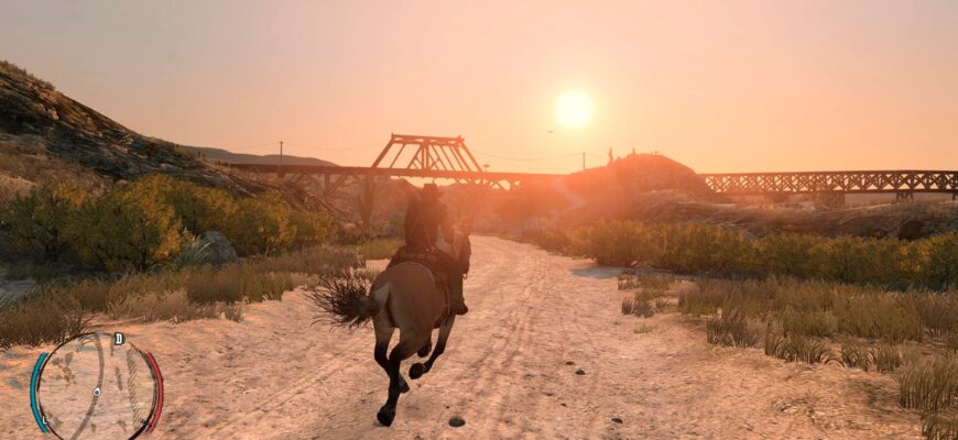 Джон Марстон скачет к мосту на закате с Reality Redemption