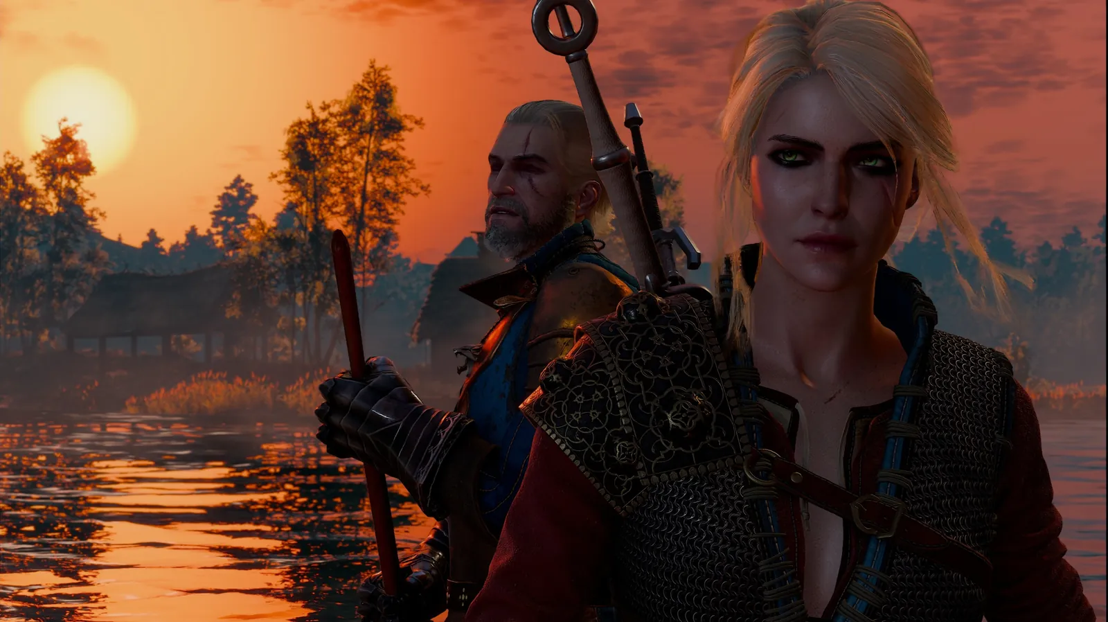 Геральт и Цири на закате в The Witcher 3