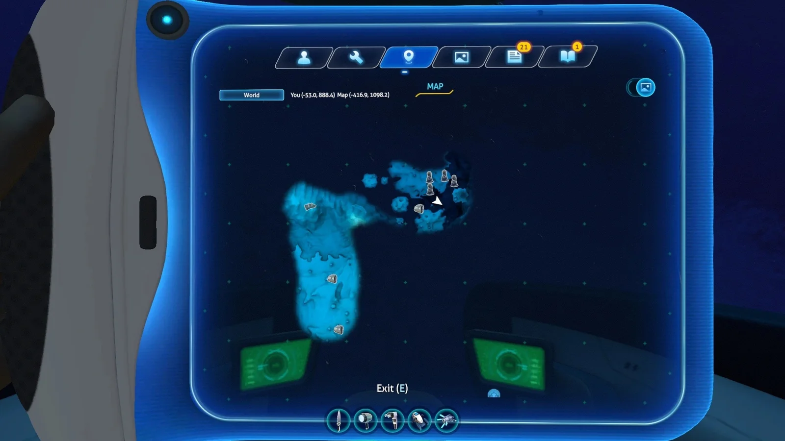 Карта исследованных участков океана в PDA Subnautica с модом Map